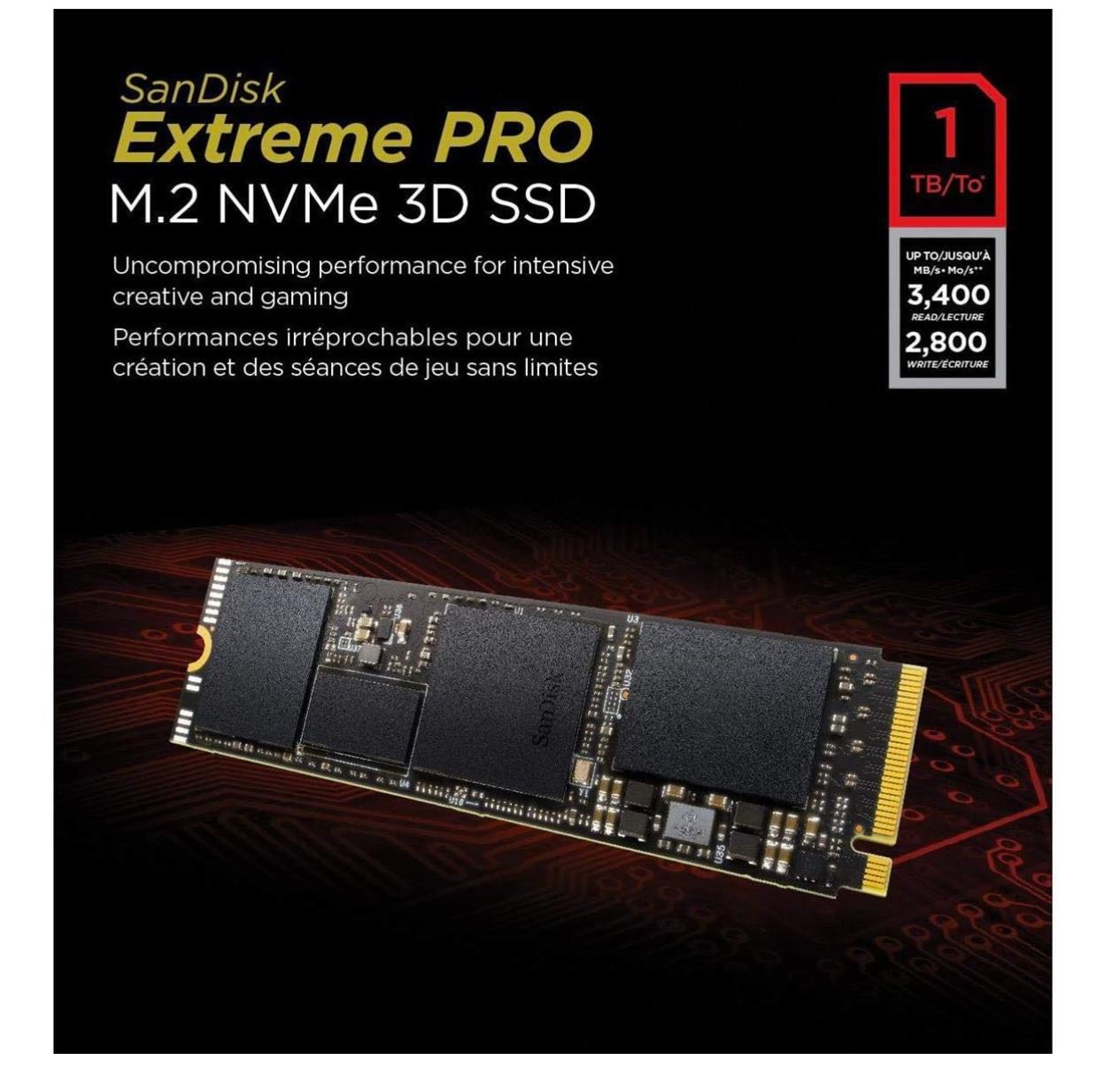 SanDisk Extreme PRO SSD Interne 1 To – Disque Dur 3D NAND M.2 NVMe PCIe Gen3 x4 – Vitesse Élevée jusqu’à 3 400 Mo/s