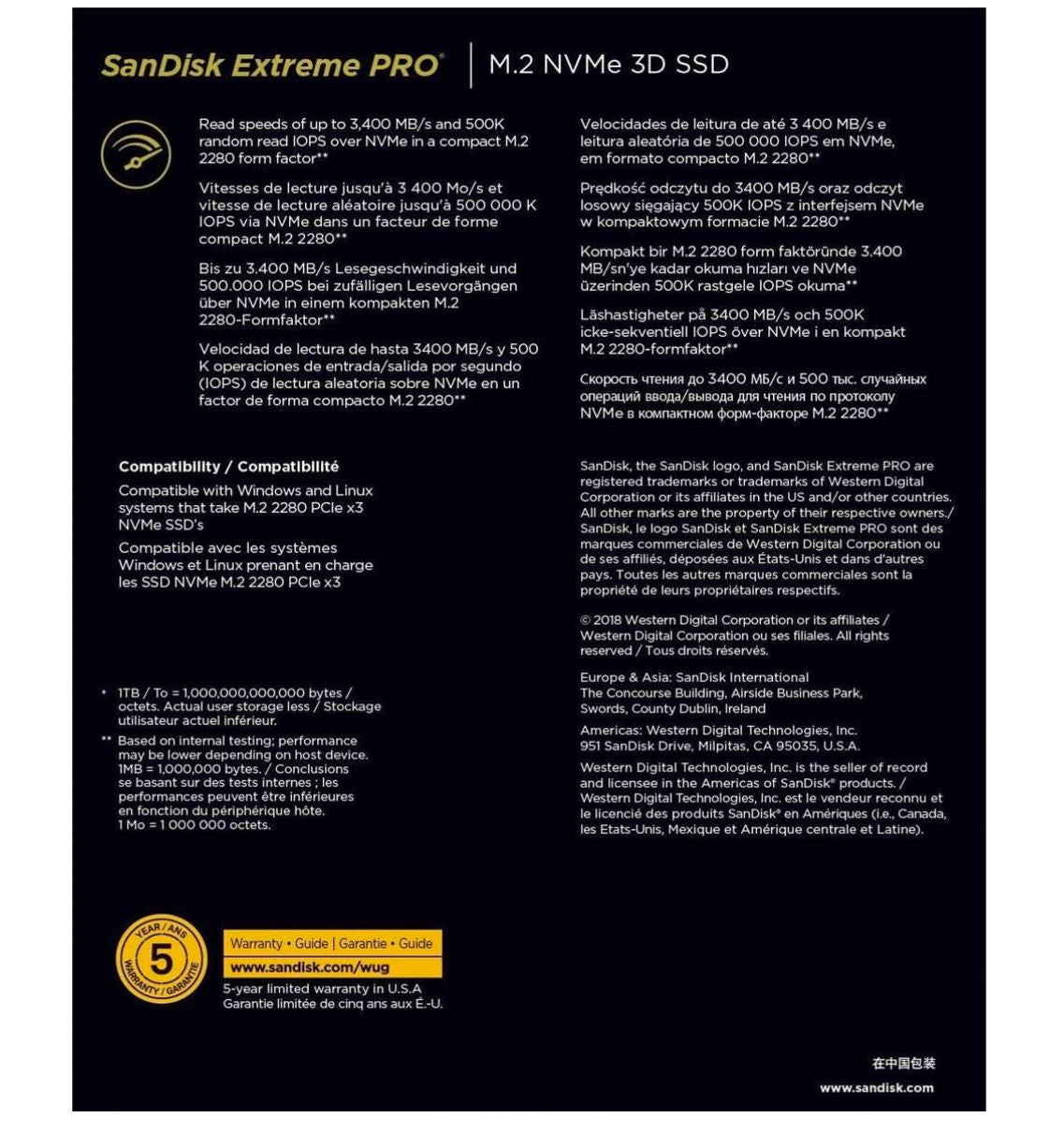 SanDisk Extreme PRO SSD Interne 1 To – Disque Dur 3D NAND M.2 NVMe PCIe Gen3 x4 – Vitesse Élevée jusqu’à 3 400 Mo/s