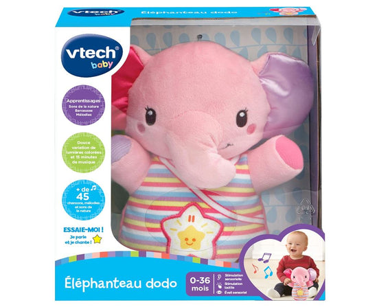 VTech Éléphanteau Dodo Rose – Peluche Veilleuse Interactive Bébé – 30 Mélodies – Dès la Naissance – Version Française