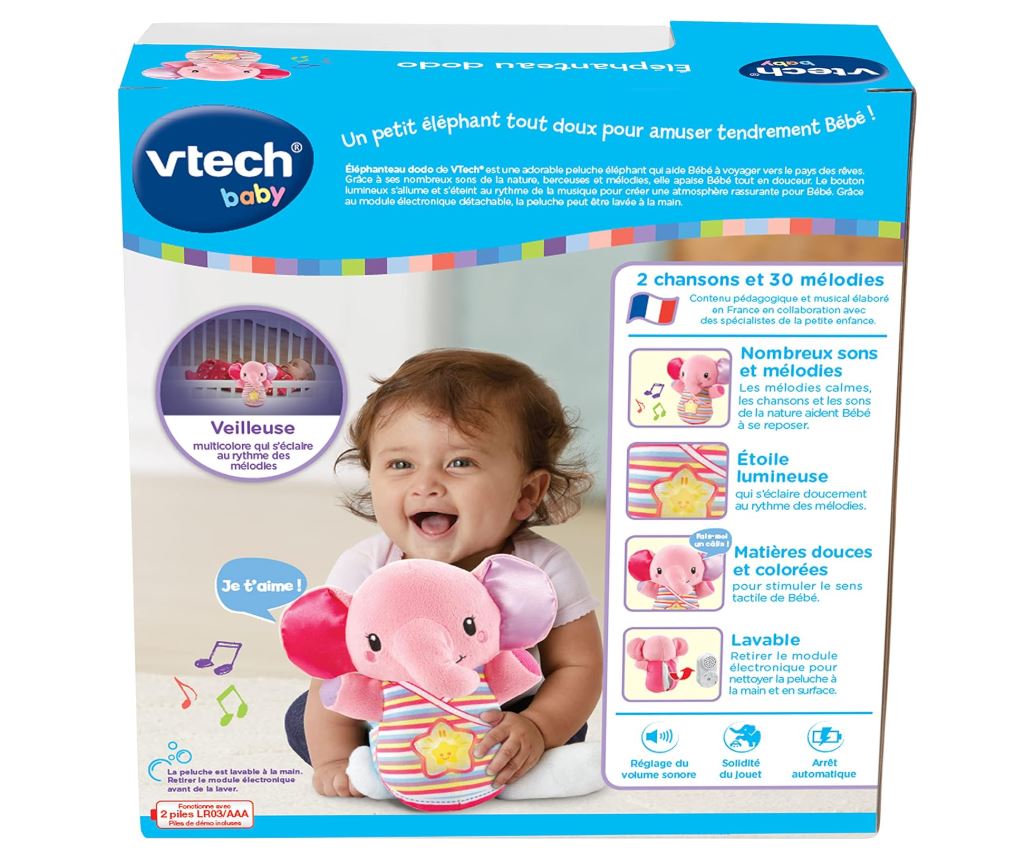 VTech Éléphanteau Dodo Rose – Peluche Veilleuse Interactive Bébé – 30 Mélodies – Dès la Naissance – Version Française