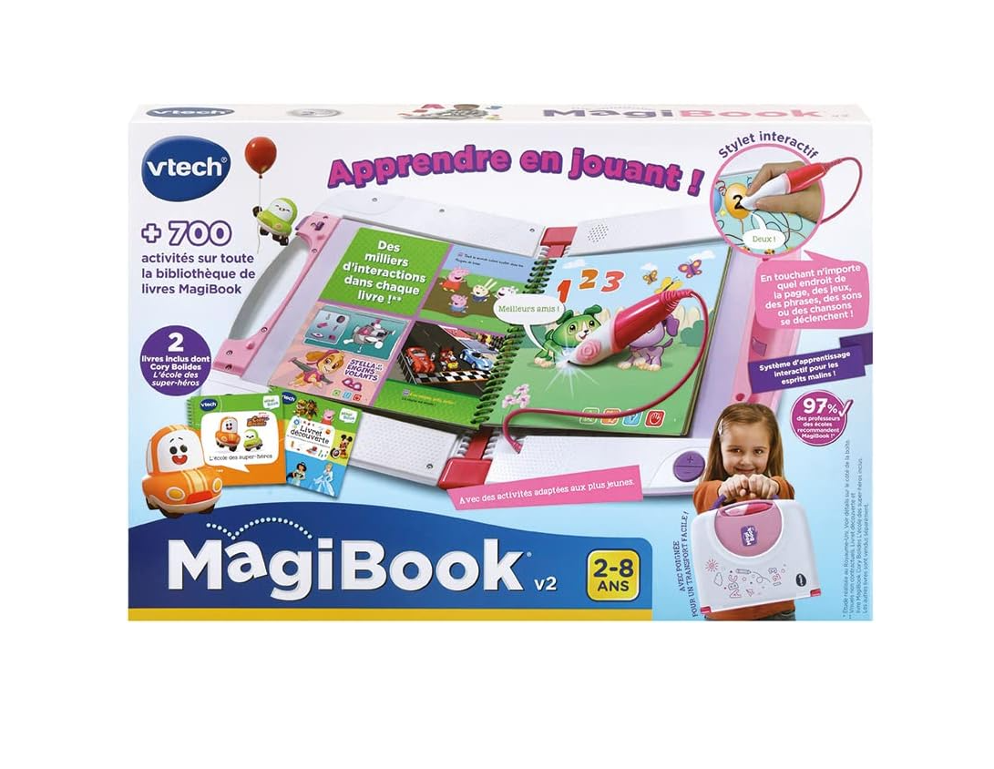 VTech MagiBook v2 Starter Pack Rose – Plateforme de Lecture Interactive + Livre Tut Tut Cory Bolides – Enfant 2 à 8 ans