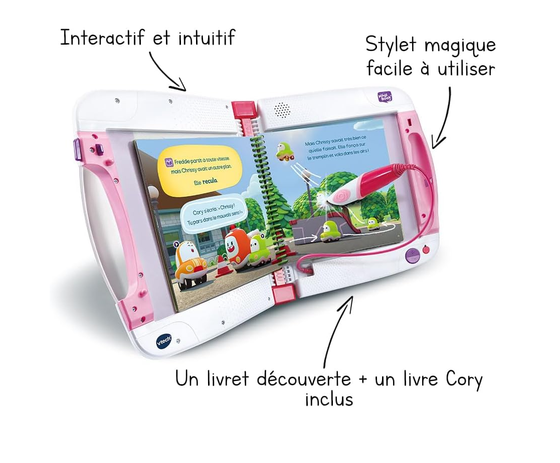 VTech MagiBook v2 Starter Pack Rose – Plateforme de Lecture Interactive + Livre Tut Tut Cory Bolides – Enfant 2 à 8 ans