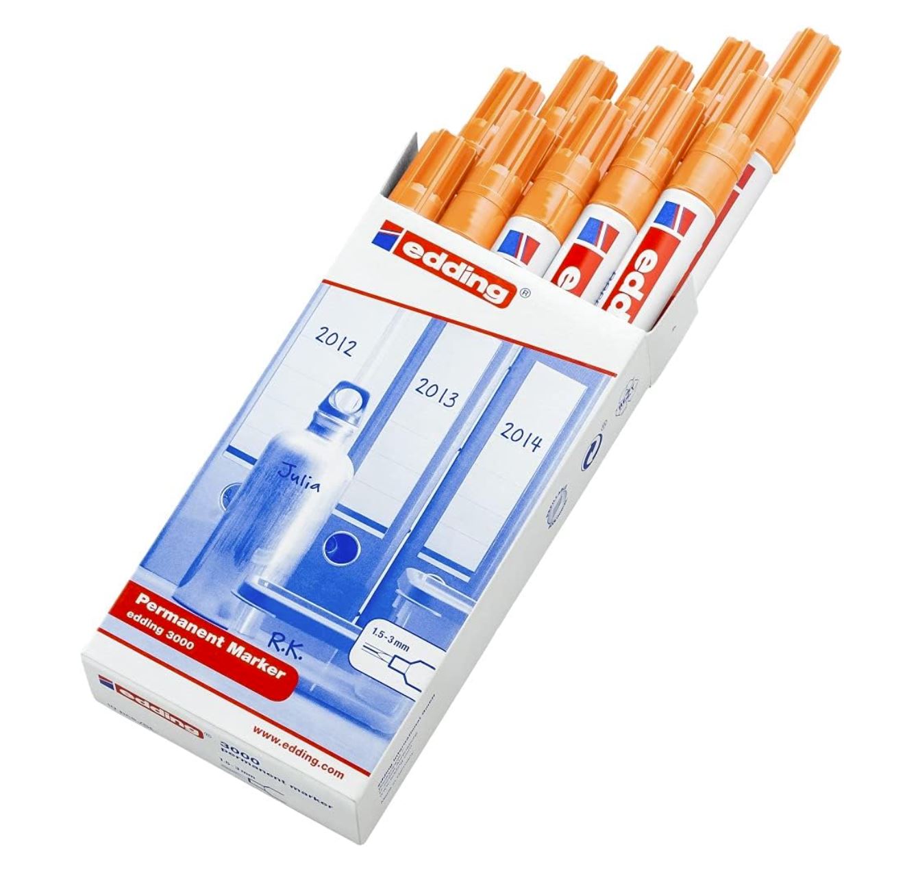 edding 3000 – Marqueurs Permanents Orange Clair – Lot de 10 – Pointe Ronde 1,5-3 mm – Résistants à l’eau & Rapide à Sécher