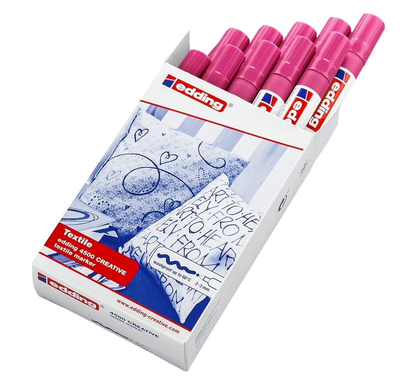 edding 4500 – Marqueurs Textiles Rose Fluo – Lot de 10 – Pointe Ronde 2-3 mm – Résistants au Lavage 60 °C