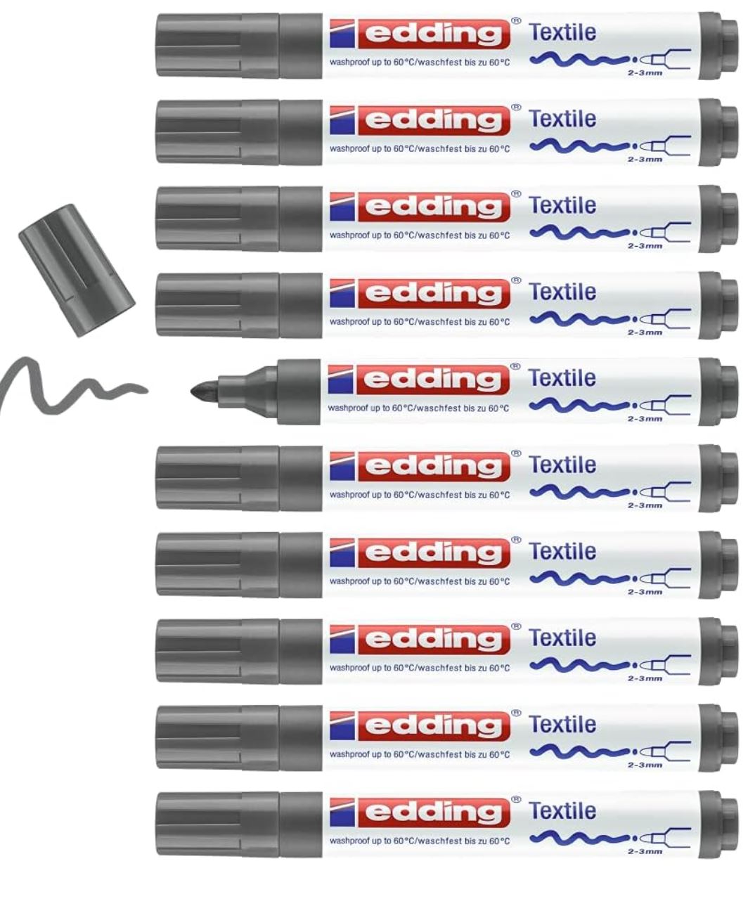 edding 4500 – Marqueurs Textiles Gris – Lot de 10 Feutres – Pointe Ronde 2-3 mm – Lavables en Machine (60 °C)