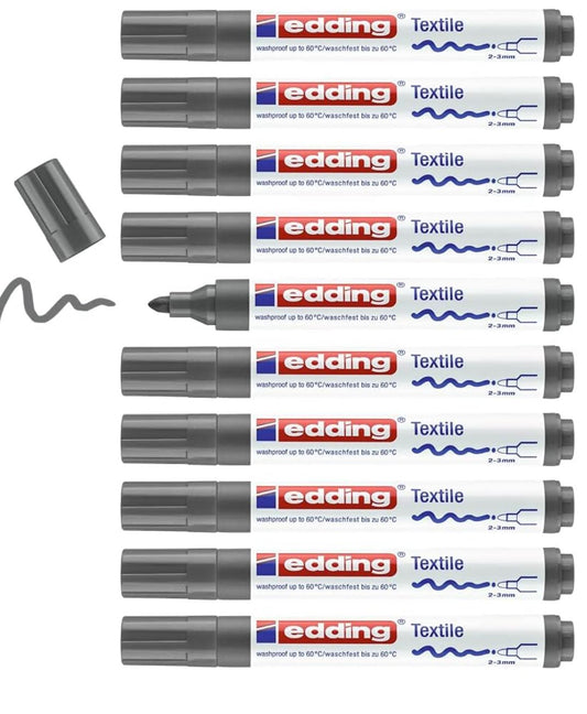 edding 4500 – Marqueurs Textiles Gris – Lot de 10 Feutres – Pointe Ronde 2-3 mm – Lavables en Machine (60 °C)
