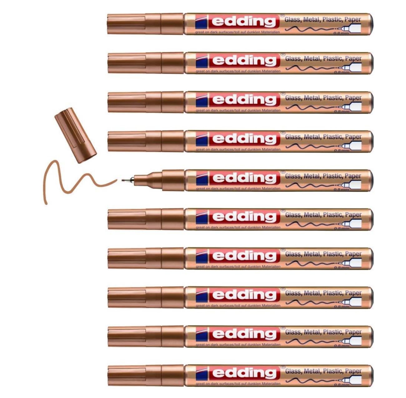 edding 780 – Marqueur Peinture Brillante Cuivre – Lot de 10 Feutres – Pointe Extra Fine 0,8 mm – Ultra Opaque & Étanche